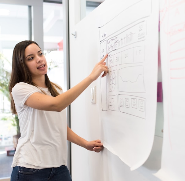 woman standing pointing paper on board