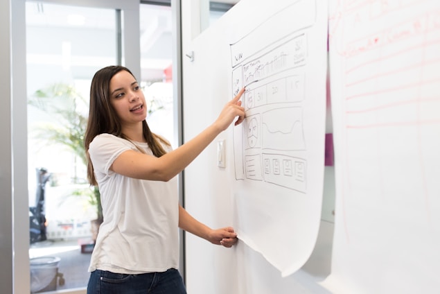 A woman is standing in front of a large sheet of paper attached to a wall, which contains sketches of a website layout. She is pointing to a specific section on the paper, seemingly explaining or presenting the design. The setting appears to be an office with glass walls and plants.