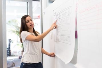 A woman is standing in front of a large sheet of paper attached to a wall, which contains sketches of a website layout. She is pointing to a specific section on the paper, seemingly explaining or presenting the design. The setting appears to be an office with glass walls and plants.