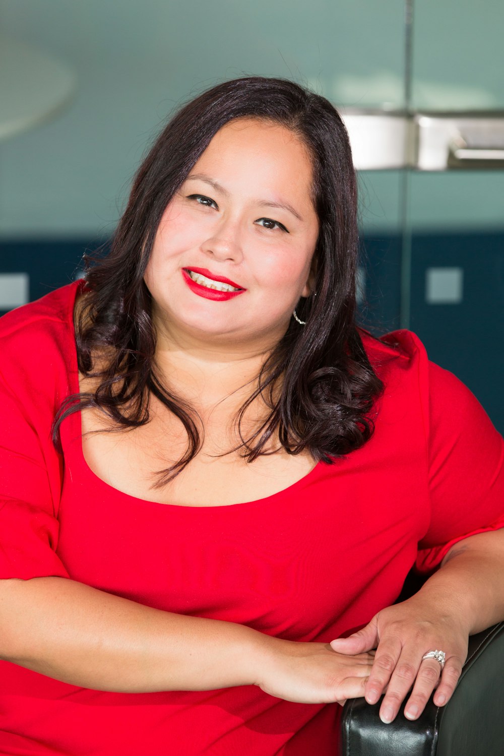 woman in red top