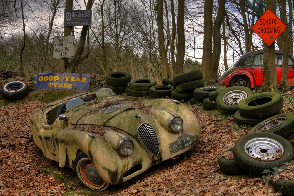 classic vehicle parked on forest