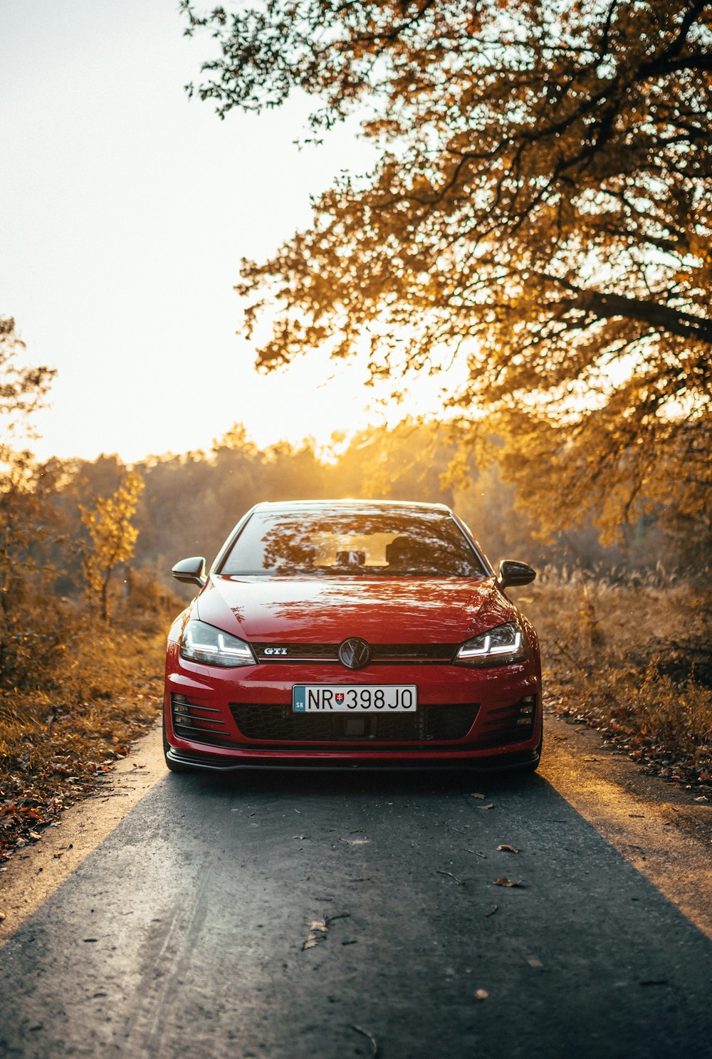 red vehicle beside tree