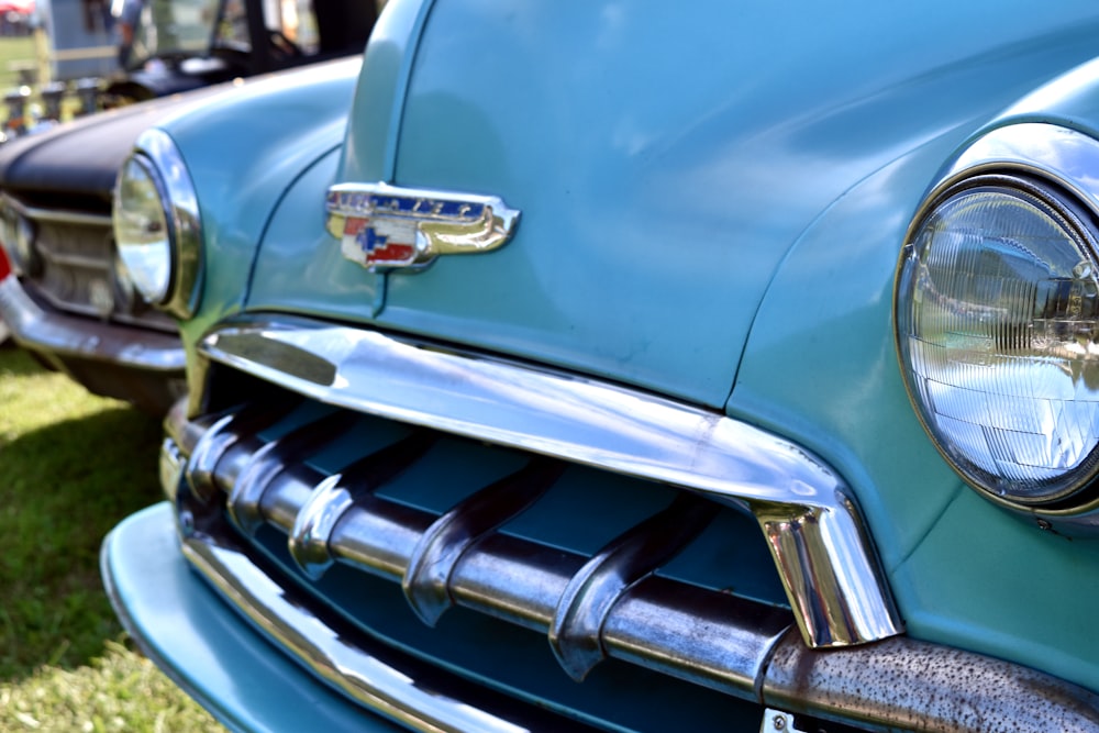 close-up photo of blue Chevrolet Bel-Air