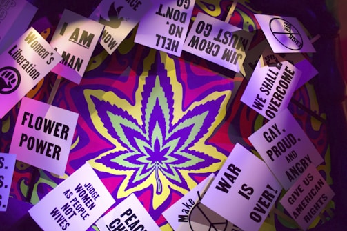 A psychedelic background with vibrant colors frames a series of protest signs. The signs display messages advocating for social justice and rights, such as 'Women's Liberation', 'Flower Power', 'War is Over!', and 'We Shall Overcome'. A large cannabis leaf is prominently centered in the composition.