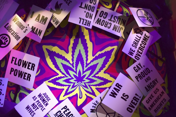 A psychedelic background with vibrant colors frames a series of protest signs. The signs display messages advocating for social justice and rights, such as 'Women's Liberation', 'Flower Power', 'War is Over!', and 'We Shall Overcome'. A large cannabis leaf is prominently centered in the composition.