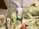 A white cat is surrounded by several yellow plastic grocery bags scattered on a tiled floor. Various food items are partially visible within the bags, including boxes and jars. The cat looks up at the camera with a curious expression.