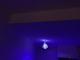 A freshly renovated room with new lighting fixtures glowing softly in baby blue hues.