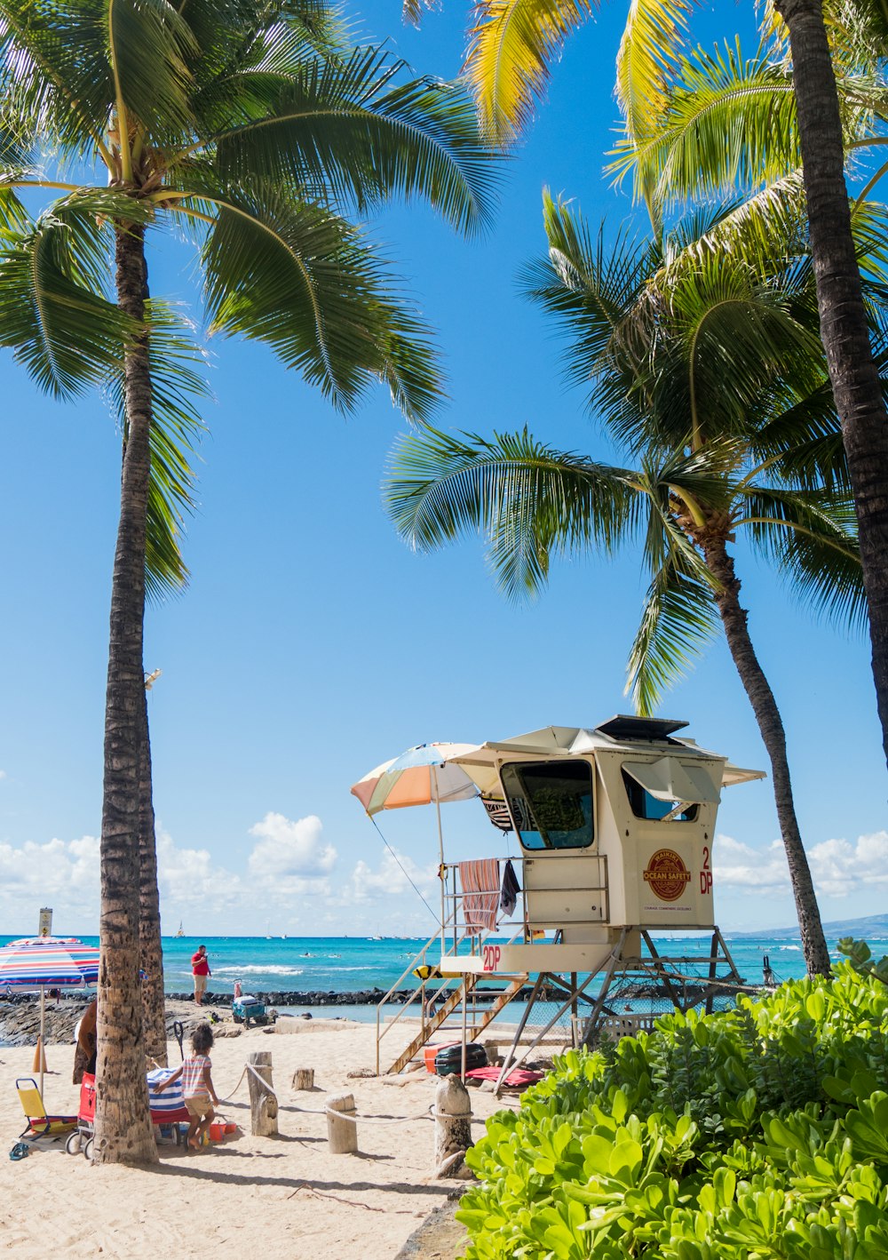 a beach with palm trees and a lifeguard station