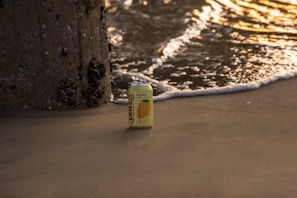 A can of Sanzo mango-flavored sparkling water sits on a sandy beach near the edge of the ocean. Gentle waves approach, capturing the golden light of a setting or rising sun, while a barnacle-covered pillar stands nearby.