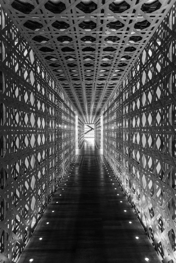 Grayscale photograph of an empty, modern architectural hallway