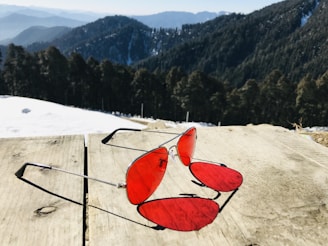 A pair of polarized sunglasses resting on a map with mountains in the distance.