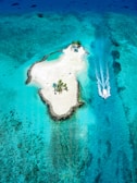 An aerial view of a small, secluded tropical island surrounded by a turquoise ocean. The island is lined with palm trees and has a sandy beach with clear waters encircling it. A speedboat is seen making a trail through the water, heading towards the island.