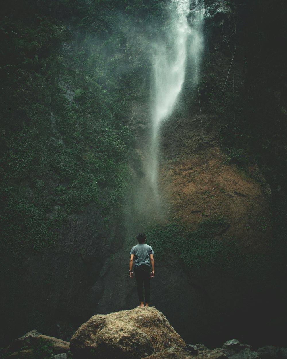 man standing on rock facing waterfall