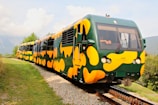A train with a distinctive green and yellow camouflage pattern travels along a track surrounded by lush greenery and mountainous landscape. The train has a sleek, modern design and appears to be on a scenic route. A person is visible inside the driver's cabin.