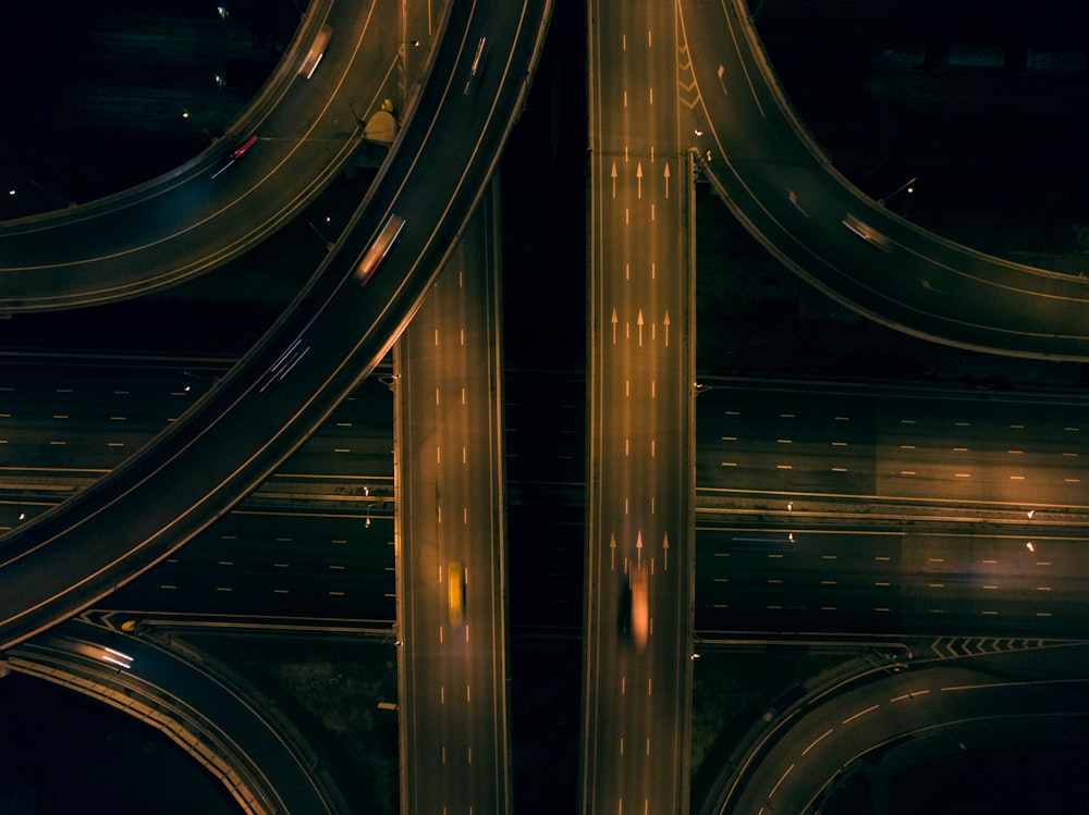 aerial photo of road at night