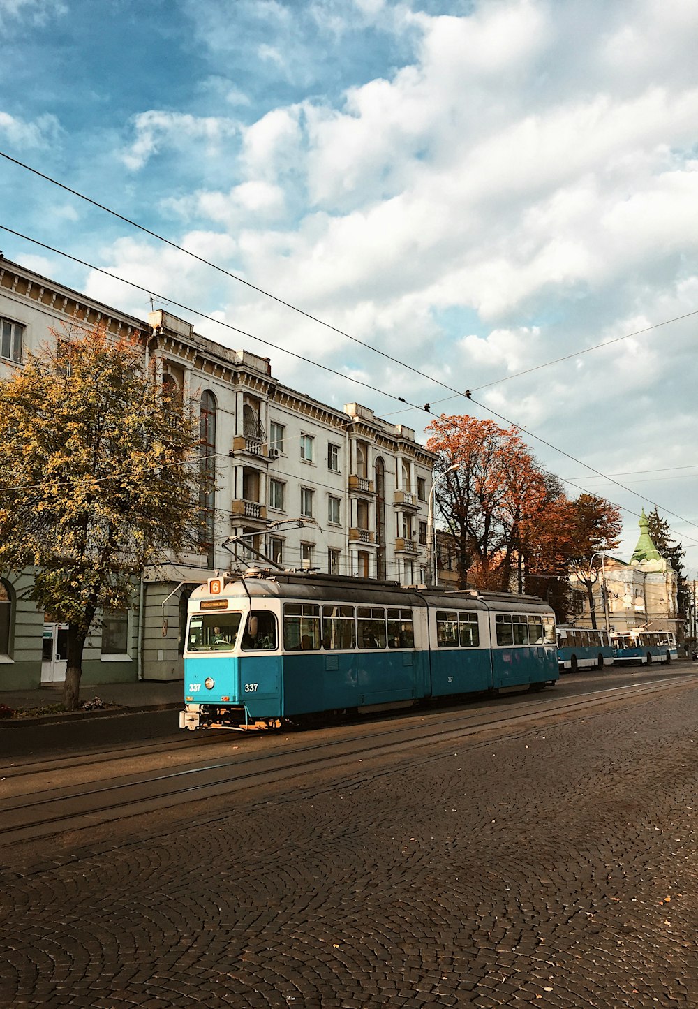 blue and white tram train