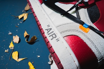 A close-up of a sneaker, featuring a red and white color scheme with the word 'AIR' printed in black text. The shoe is contrasted against a dark background scattered with several dried, yellow leaves. Bright orange and blue accents are visible on the shoe's design.