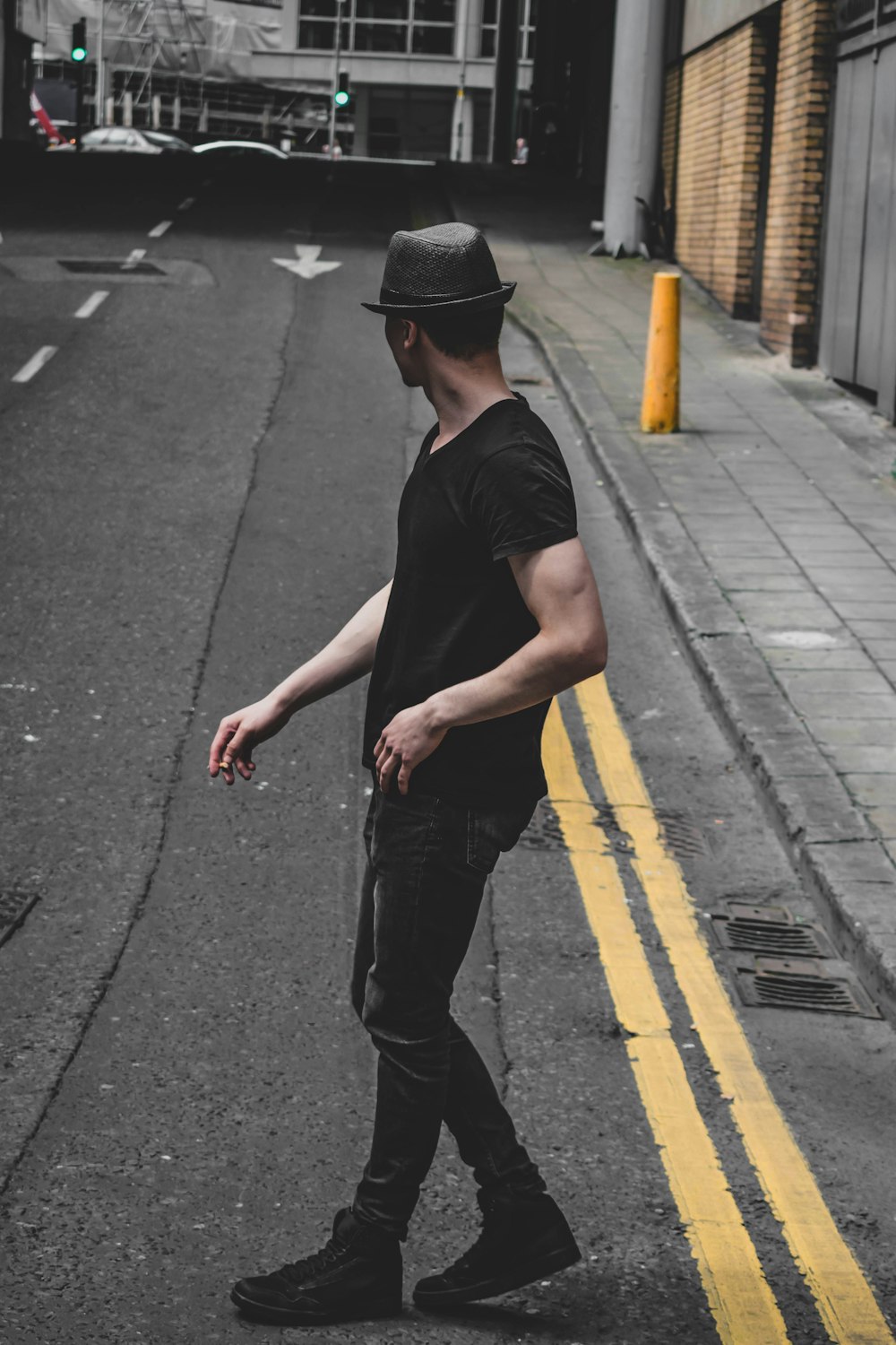 man crossing road