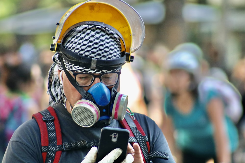 person with respirator on road
