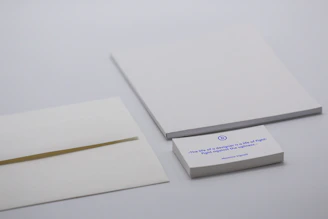 An elegant set of personalized stationery displayed on a clean white desk.