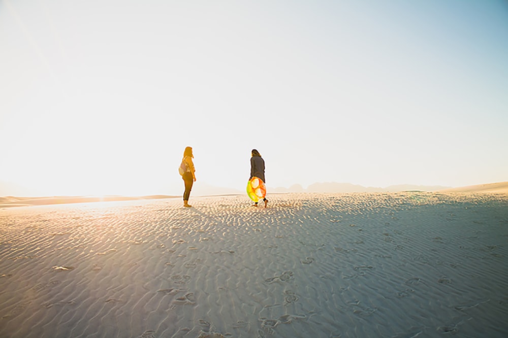 two person walking on sand