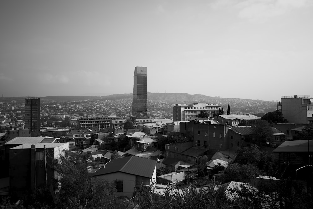 grayscale photography of city with high-rise buildings and houses viewing mountain