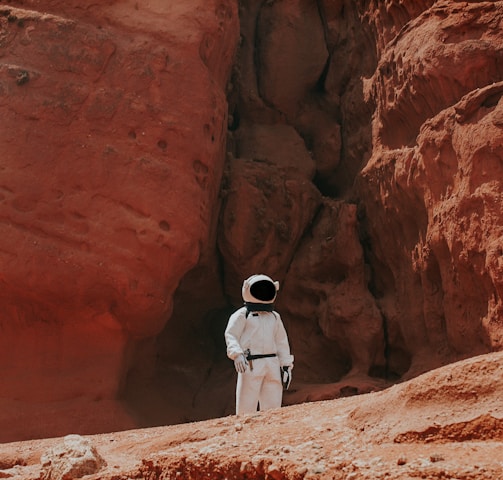 photography of astronaut standing beside rock formation during daytime