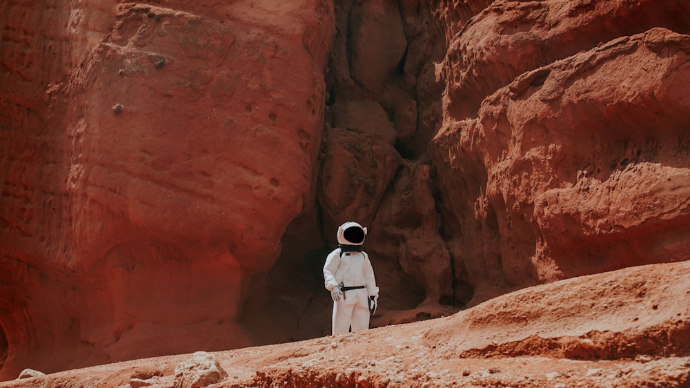 photography of astronaut standing beside rock formation during daytime