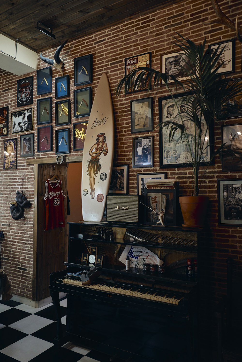 assorted wall decors mounted on brown wall