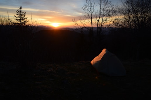 A serene sunset over a quiet forest campsite with a lone tent and a softly glowing campfire.