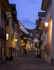 A charming European village street lined with cobblestones and colorful old buildings under a twilight sky.