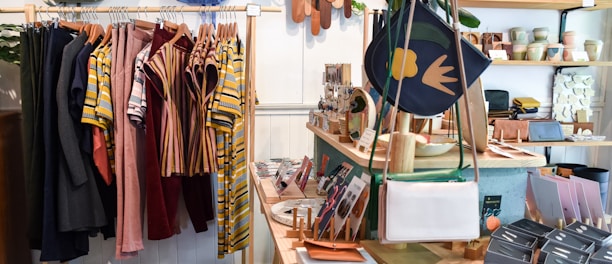 assorted-colored clothes on rack near brown wooden table