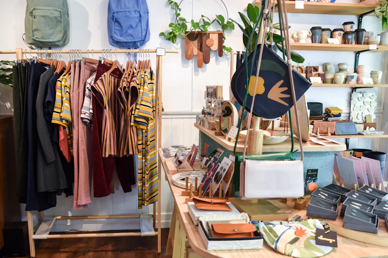 A boutique display table of bags and accessories beside a clothing rack