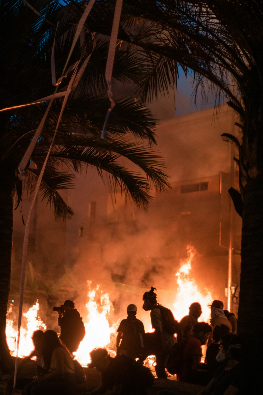 burning building at night