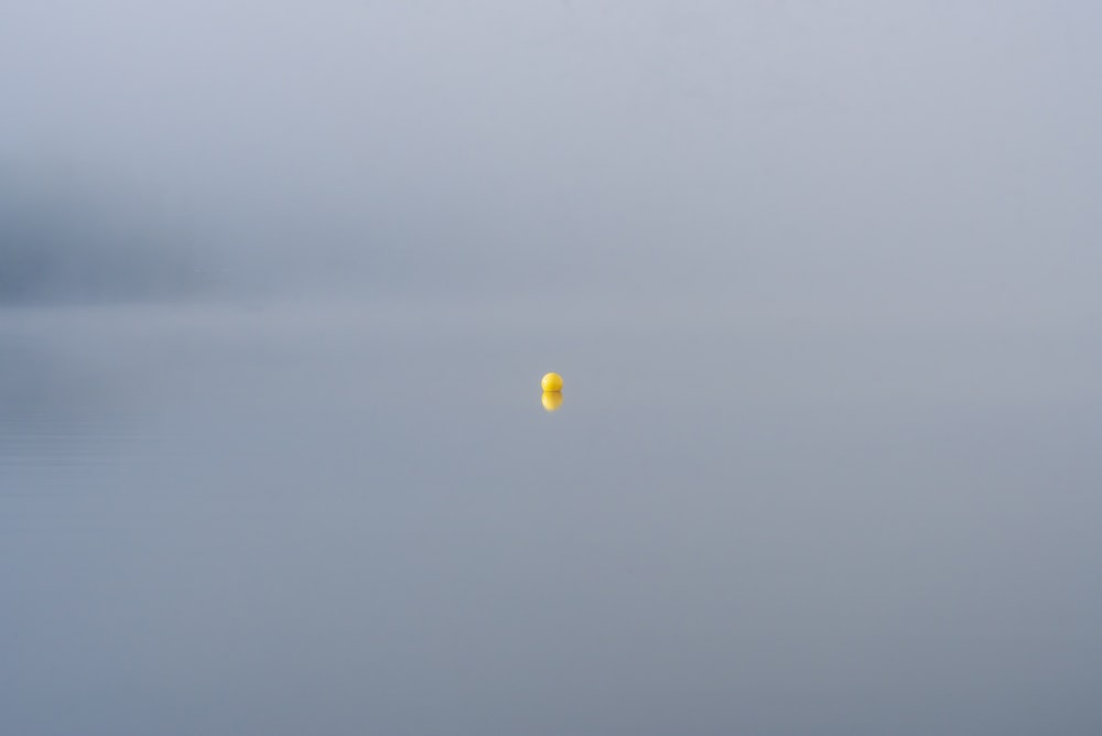 a yellow balloon floating in the middle of a body of water