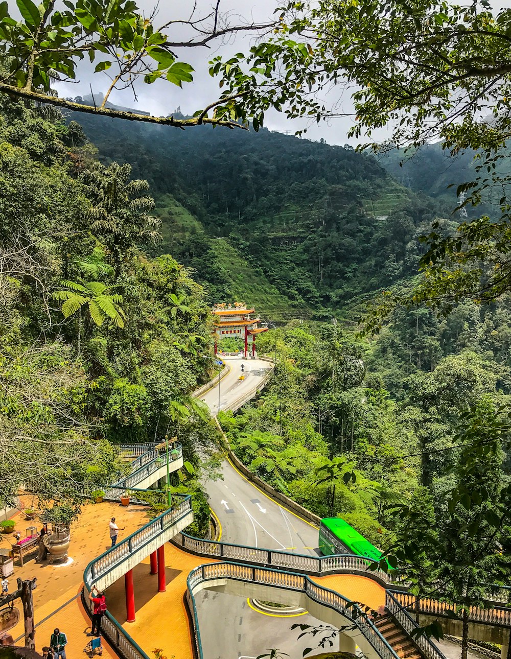 people near road viewing temple and mountain during daytime