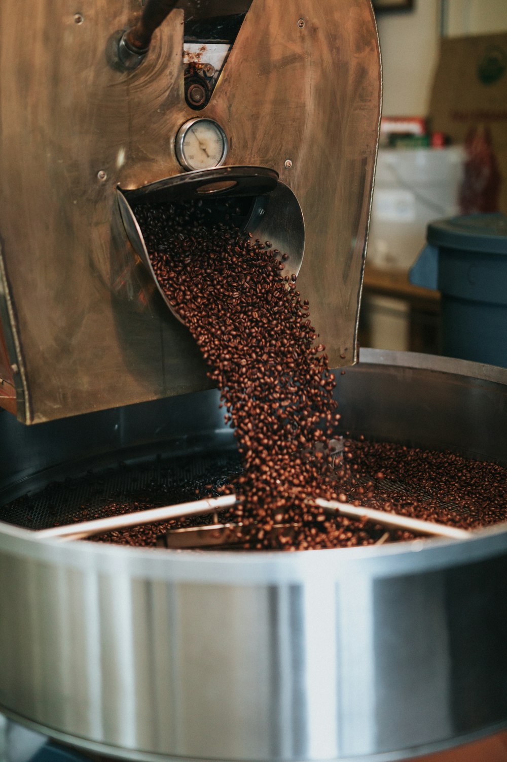 chicchi di caffè marroni su contenitore rotondo