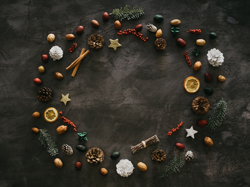 Christmas ornaments on gray surface