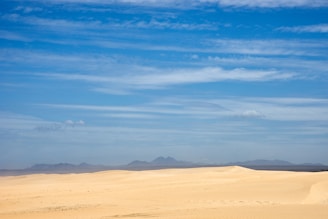 A panoramic view of golden Sahara dunes stretching endlessly beneath a clear blue sky.