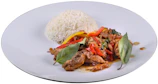 A vibrant plate of pork stir-fry with colorful bell peppers and steamed rice.