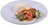 A plated dish featuring a serving of white rice accompanied by a colorful stir-fry. The stir-fry includes strips of red and yellow bell peppers, chunks of meat, and fresh basil leaves, all in a rich sauce.