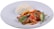 A plated dish featuring a serving of white rice accompanied by a colorful stir-fry. The stir-fry includes strips of red and yellow bell peppers, chunks of meat, and fresh basil leaves, all in a rich sauce.