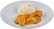 A dish featuring a serving of white rice paired with a portion of chicken covered in an orange, creamy sauce. The sauce is garnished with herbs and spices, possibly including cardamom pods and cloves. The presentation is on a simple white plate.
