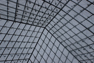 An architectural structure with a gridded and latticed pattern made of metal and glass. The design features intersecting beams and cables creating a geometric framework that curves upward. The background of the structure shows a cloudy, grey sky.