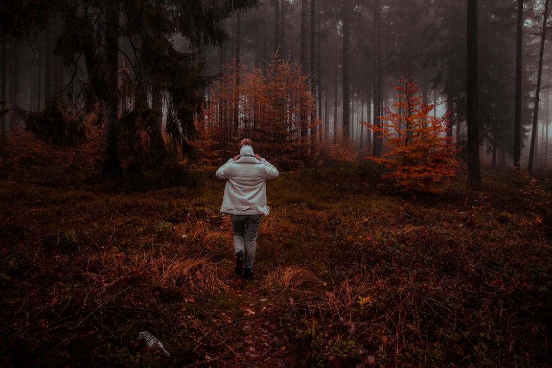 man walking on plant field surrounded by trees]