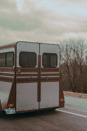 A brown and white horse trailer is being driven on a road with a Kansas license plate. The background features leafless trees and a cloudy sky, suggesting an autumn or winter setting.