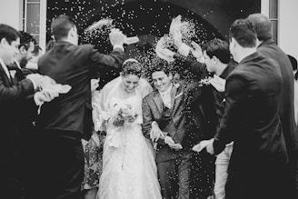 greyscale photography of newly wed