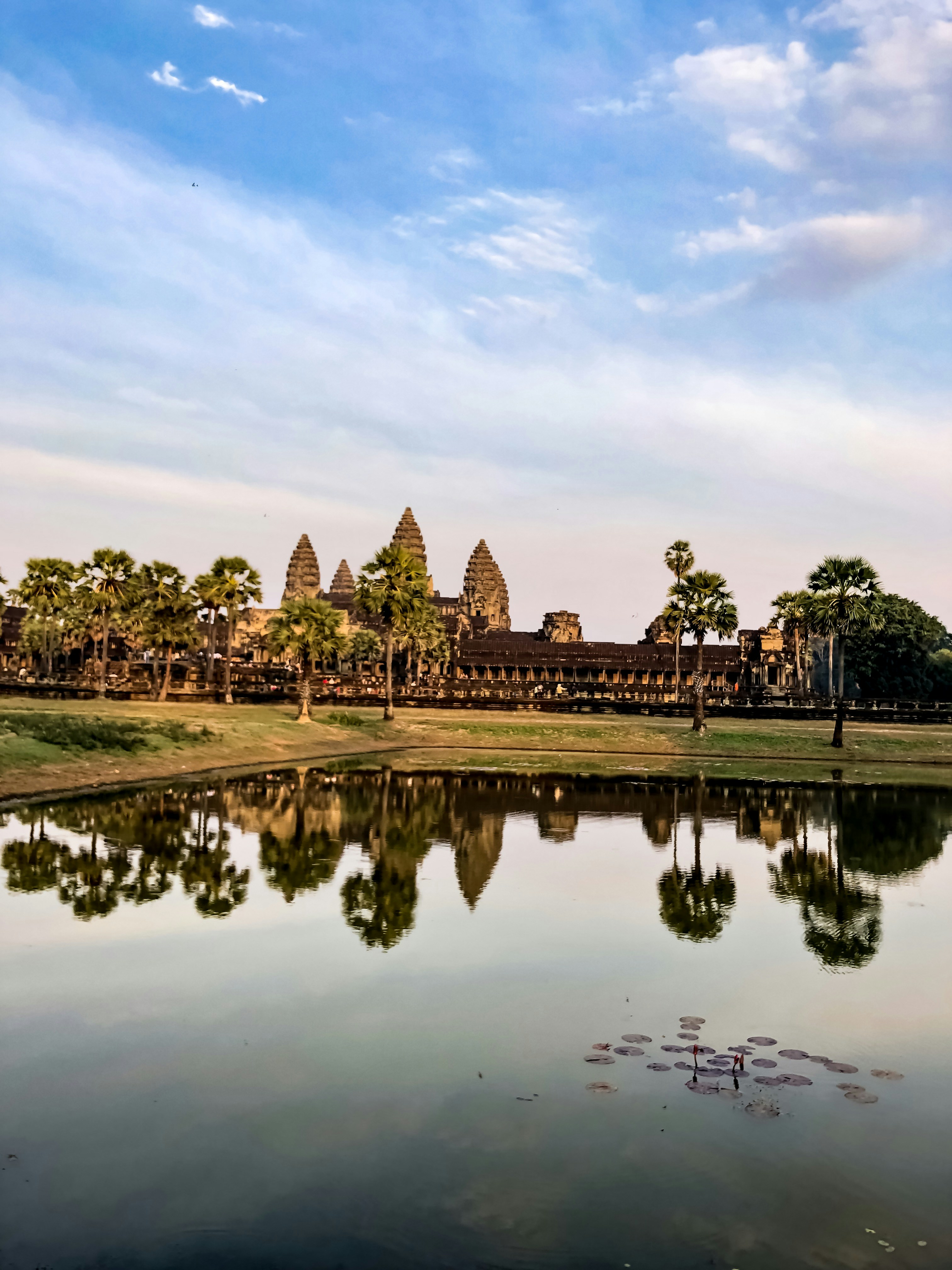 Angkor Wat temple reflected in the lotus pond at sunrise in Siem Reap Cambodia
