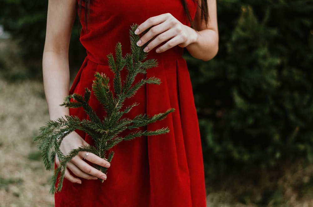 woman holding pine tree branch