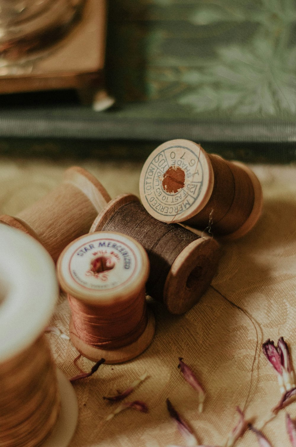 spools with threads on beige surface